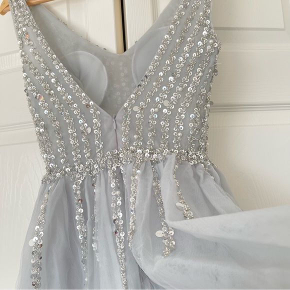 LIGHT GRAY SEQUENCES AND BEADS TULLE DRESS PROM DRESS - Picture 11 of 15